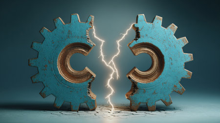 Two blue gears are tightly jammed together, symbolizing conflict in teamwork and the challenges faced in mechanical systems.の素材