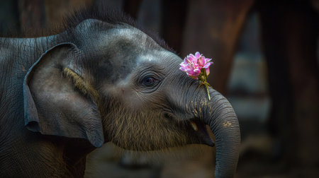 A young elephant calf, displaying playful innocence, holds a bright flower in its trunk while surrounded by other elephants in a natural setting.の素材