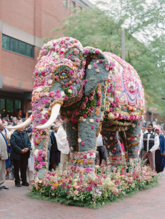 Brightly decorated elephant statue covered with flowers stands in a lively procession, showcasing a sacred ritual during a cultural event.の素材