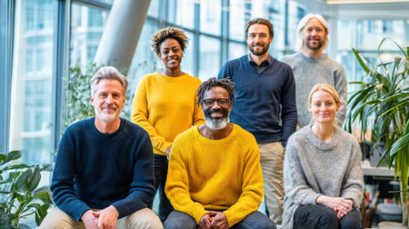 A group of diverse professionals share a candid moment in a modern office, surrounded by plants and natural light.の素材