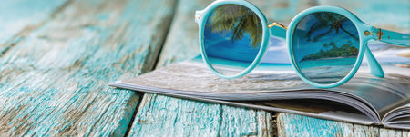 A pair of sunglasses rests on an open magazine showcasing a beautiful beach scene, creating a relaxed, cozy vibe perfect for vacation dreaming.の素材