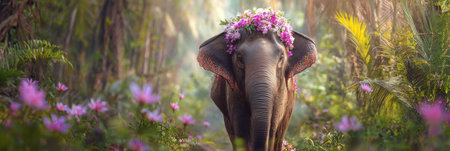 A majestic Thai elephant strolls through a vibrant tropical jungle, wearing a beautiful floral garland as soft light filters through the trees.の素材