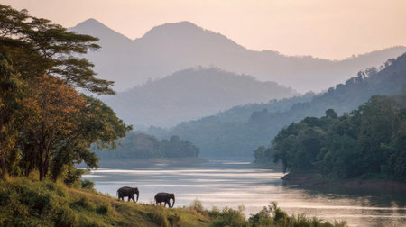 Two elephants wander peacefully along a riverbank at sunrise, surrounded by misty mountains and vibrant vegetation.の素材