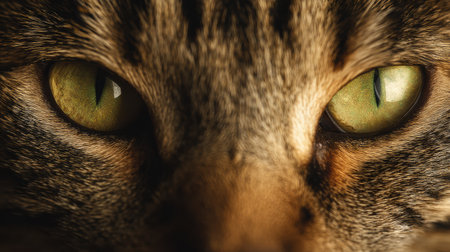 Warm evening light highlights the intense green glow of a tabby cats eyes, capturing its curious and emotional gaze in a close-up view.の素材