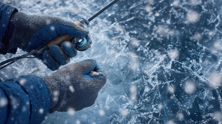 Man with gloved hands carefully holds a fishing rod above an ice hole, surrounded by snow and frost on a chilly winter day.の素材