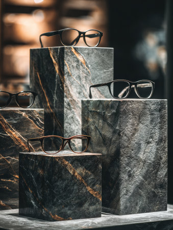 Stylish glasses arranged on richly textured stone pedestals provide a luxurious feel, perfect for a high-end product showcase.の素材