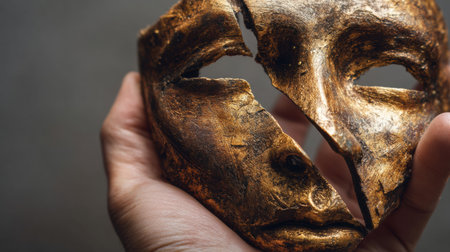 A hand holds a cracked, golden mask symbolizing the struggle with vulnerability and the path to self-discovery in an intimate environment.の素材