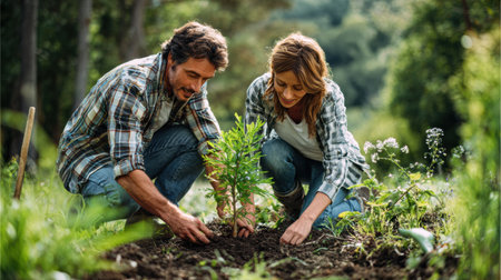 Couple works together to plant a young tree in a lush garden, showing commitment to family and environmental sustainability.の素材