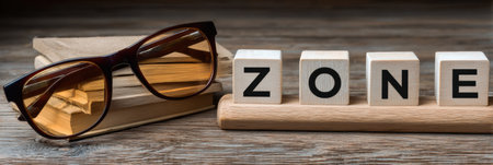 Glasses rest beside a stack of books on a wooden table, creating a perfect zone for learning and academic focus, inviting quiet study time.の素材