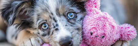 Playful puppy holds a soft pink kitten toy in its mouth, showing its vibrant personality in a candid and cheerful moment outdoors.の素材