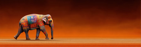 An elephant with colorful patterns walks gracefully in the Rajasthan desert, showing warm vibrant tones as the sun sets on the horizon.の素材