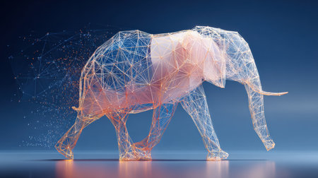 A stylized elephant made of polygons walks gracefully, embodying a contemporary design in a digital art style.の素材