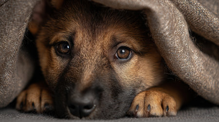 A shy puppy snuggles under a soft blanket, showing its big, expressive eyes while feeling cozy and safe in its little hideaway.の素材