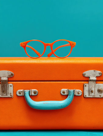 Bright orange glasses rest on a colorful suitcase handle, capturing the essence of travel and adventure in a clean layout.の素材