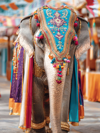 An elephant adorned with intricate ornaments and bright fabrics walks proudly in a lively Indian festival parade, celebrating cultural traditions.の素材