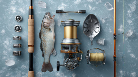 A set of winter fishing tools lays on a frozen surface, showcasing an auger, rod, line, and a fish, revealing the essential gear for ice fishing.の素材
