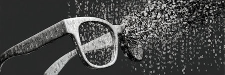 Glasses dissolve into a stream of binary code, illustrating the connection between vision and artificial intelligence in a modern world.の素材