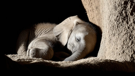 A young elephant calf curls up and sleeps soundly in the shadow, enjoying a moment of peace and safety in a cozy environment.の素材