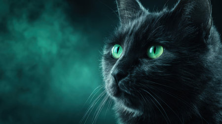 A striking black cat with vibrant green eyes sits still against a dark gradient, exuding an air of mystery and intrigue.の素材