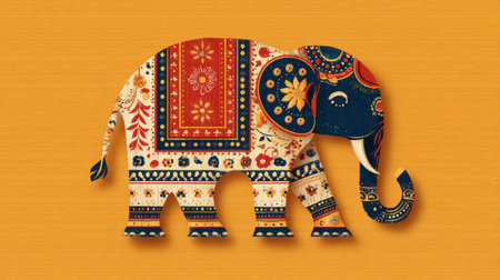 Elephant adorned with beautiful decorations showcases classic Indian artistry at a lively festival filled with vibrant colors.の素材