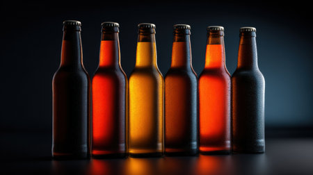 Different styles of craft beer bottles shine against a dark gradient background, showing rich colors and inviting shapes in cinematic light.の素材