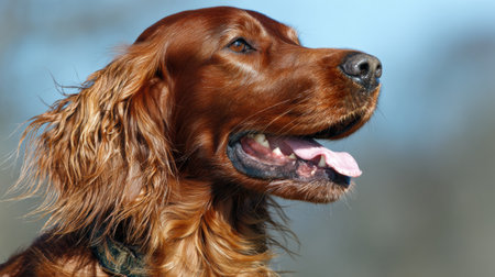 A beautiful Irish setter basks in the sunlight, showing its golden fur and joyful expression on a bright afternoon.の素材