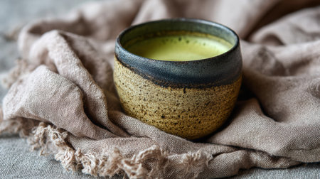 A warm cup of matcha tea rests on a soft linen surface, inviting mindfulness and reflection during a serene moment of self-care.の素材