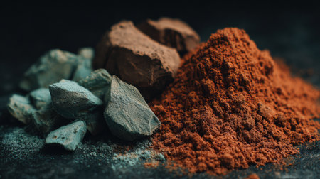 Rich chocolate pieces are arranged alongside cocoa powder, all highlighted by soft, moody lighting that enhances their textures and colors.の素材