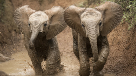 Two baby elephants play joyfully in the mud, splashing each other while enjoying the warmth of a sunny day in their natural environmentの素材