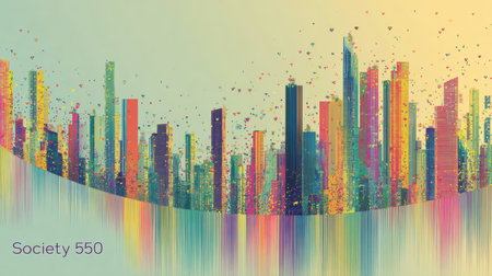 Abstract representation of an advanced city featuring eco towers, colorful gradients, and floating drones against wide negative space.の素材