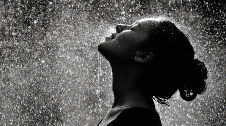 A silhouette stands in heavy rain, letting water wash over them while experiencing a moment of emotional cleansing and releasing guilt.の素材