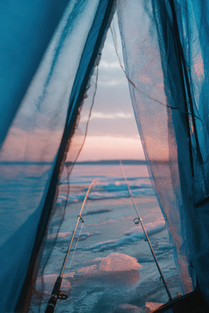 Sunrise casts a warm glow over a modern blue fishing tent near ice holes, creating a tranquil scene of winter fishing activity.の素材