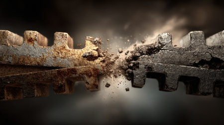 Two rusty gears are jammed tightly together, symbolizing a breakdown in teamwork and mechanical conflict in a tense, dramatic setting.の素材