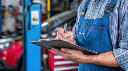 Mechanic wearing blue overalls reviews service notes next to a car in a busy workshop during daylight.の素材