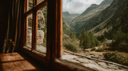 A serene mountain landscape unfolds through a rustic window, showcasing lush greenery and rocky peaks under a cloudy sky.の素材