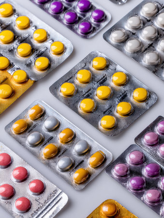 Colorful pharmacy blister packs arranged diagonally on a clean background, highlighting various shapes and sizes of tablets clearly.の素材