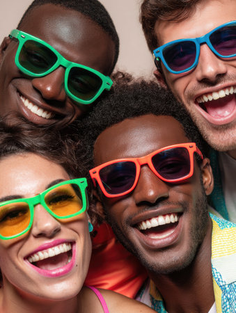 A lively group of diverse models poses together, wearing vibrant sunglasses while enjoying a joyful moment in bright studio lighting.の素材