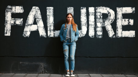 A woman in casual attire stands still in front of a wall featuring the word failure, expressing emotions of fear and doubt about self-worth.の素材