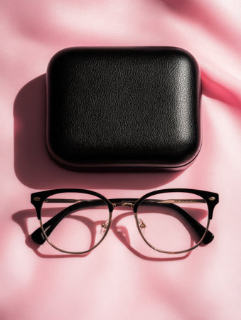 Stylish glasses lay next to a black case against a soft pink backdrop, showcasing an elegant look ideal for a fashion advertisement.の素材