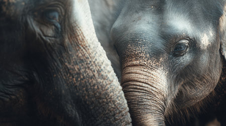 Two elephants display a touching interaction as the mother gently touches her baby with her trunk in their natural habitat.の素材