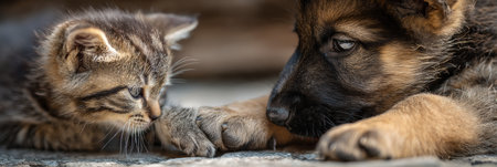 A curious kitten gently touches the paw of a puppy, showcasing an endearing interaction between the two animals in a serene setting.の素材