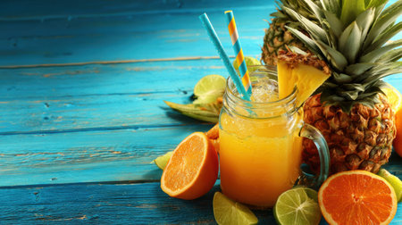 Refreshing smoothie glass surrounded by tropical fruits on a sunny day. Colorful straws add to the summer vibe on a blue wooden table.の素材