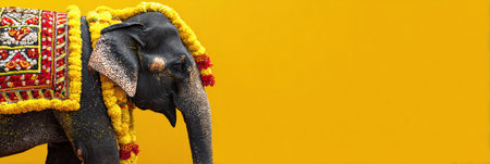 The elephant showcases colorful decorations for the Onam festival, surrounded by a vivid backdrop that enhances its beauty.の素材