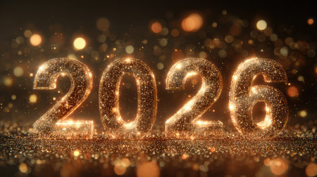 Glowing numbers 2026 shine brightly with golden confetti falling against an elegant backdrop, capturing the joyful spirit of New Year celebrations.の素材