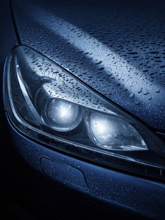 A detailed close-up captures a car headlight adorned with tiny droplets of condensation, adding a fresh, clean look.の素材