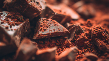 Dark chocolate chunks lie amidst a dusting of cocoa powder, illuminated by soft lighting that enhances the rich textures in the scene.の素材