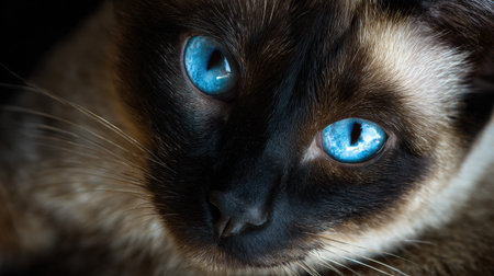 Portrait of a Siamese cat with vibrant blue eyes and sharp light highlighting its features, set against a simple background.の素材