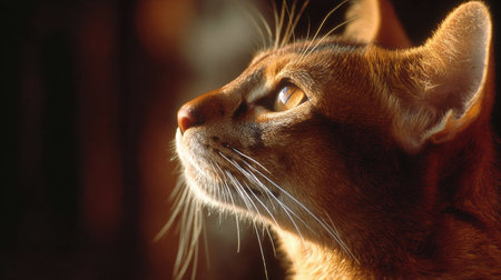 Golden fur gleams in bright sunlight as an Abyssinian cat poses gracefully in profile, showing its unique features and striking eyes.の素材