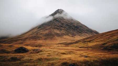 This serene mountain landscape showcases mist rolling over a peak, creating a calming atmosphere perfect for reflection and peace in nature.の素材