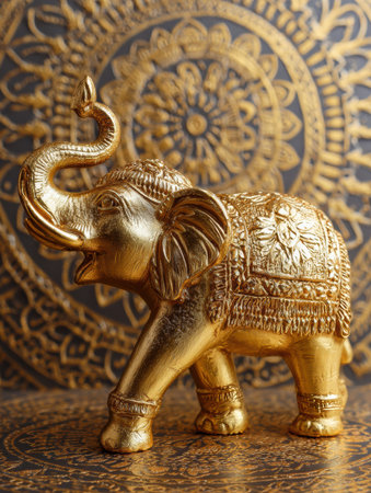 A golden elephant sculpture adds elegance against a detailed mandala background, creating a serene and spiritual atmosphere.の素材